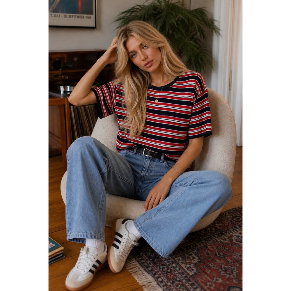 VTG Pendleton Women's Medium Tall Striped Short Sleeve Knit Sweater Red Navy